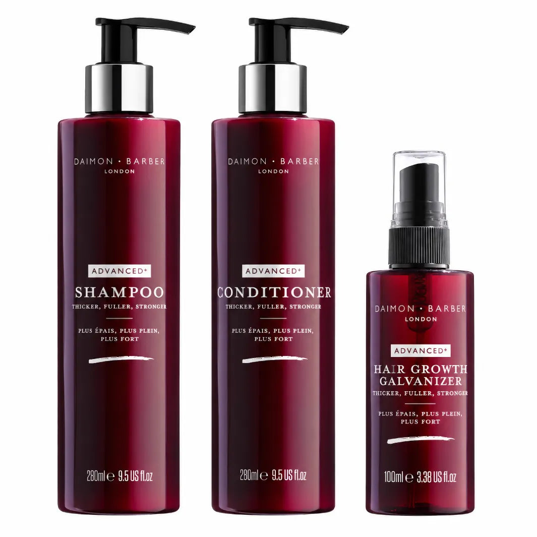 Daimon Barber Advanced+ Growth Trio – schampo, balsam och hårserum för tunt och glesare hår