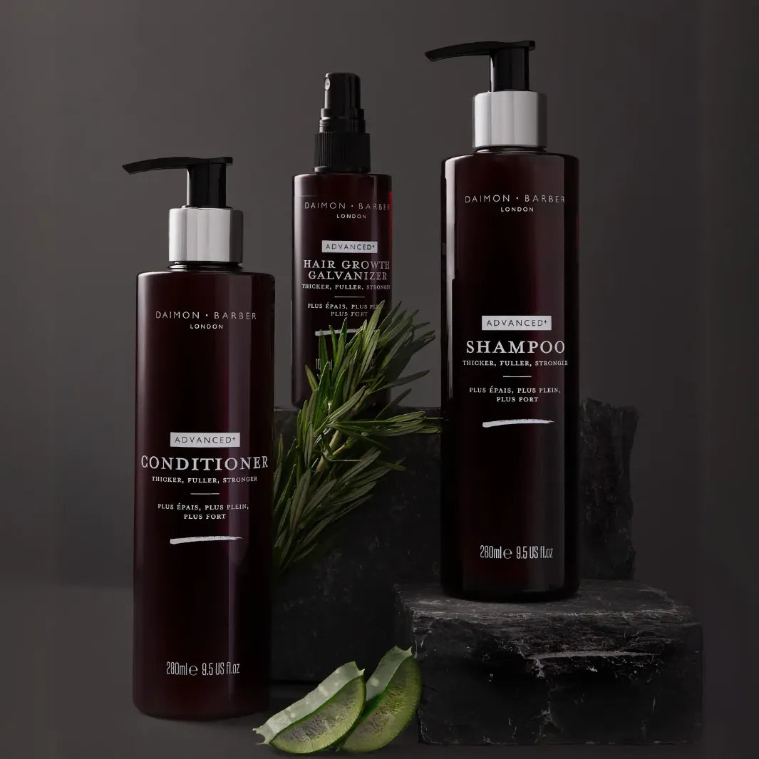 Daimon Barber Advanced+ Growth Trio med Shampoo, Conditioner och Hair Growth Galvanizer i miljöbild