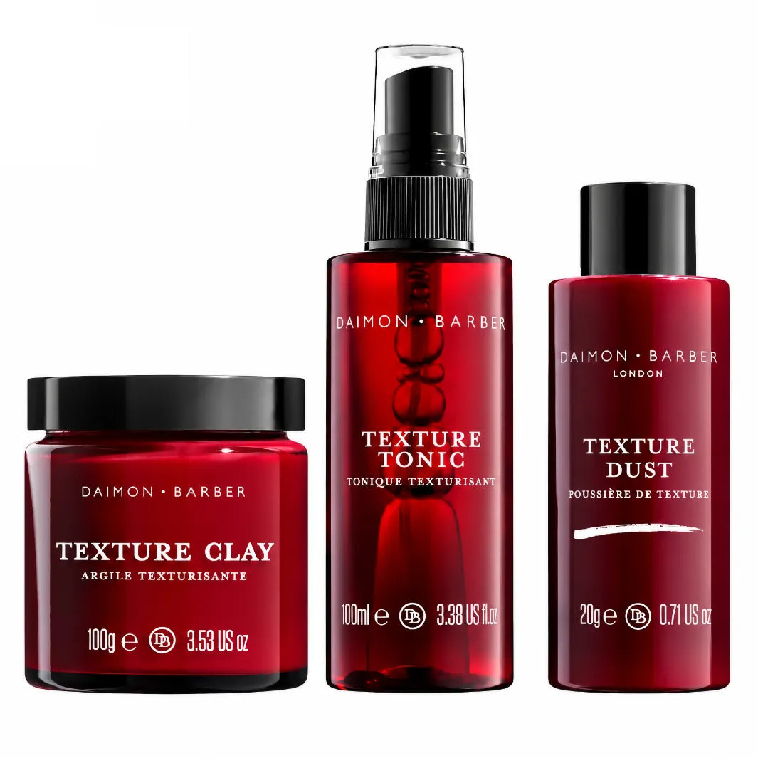 Daimon Barber Textured Hair Trio – Texture Clay, Texture Tonic och Texture Dust för volym, textur och stark kontroll
