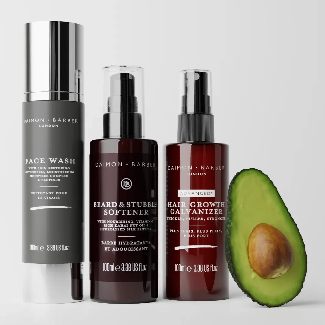 Daimon Barber Beard Growth Trio med avokado – Face Wash, Beard & Stubble Softener och Hair Growth Galvanizer