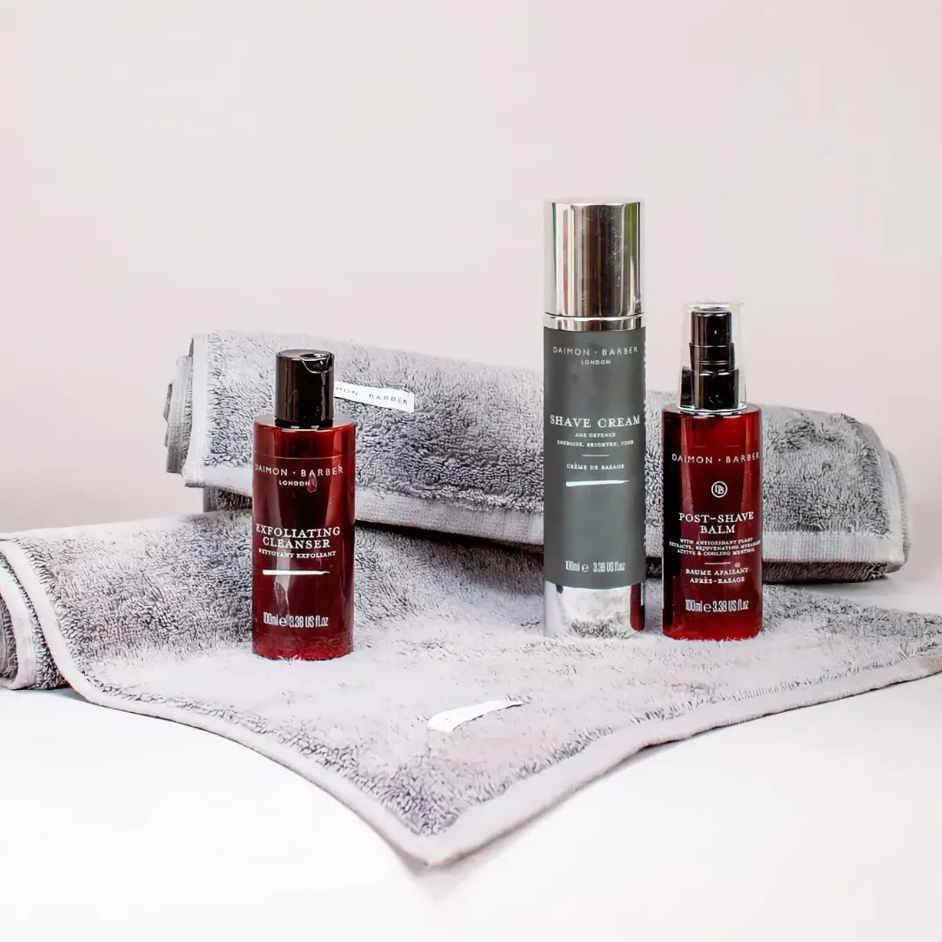 Daimon Barber hudvårdsrutin med Exfoliating Cleanser, rakkräm och after shave balm