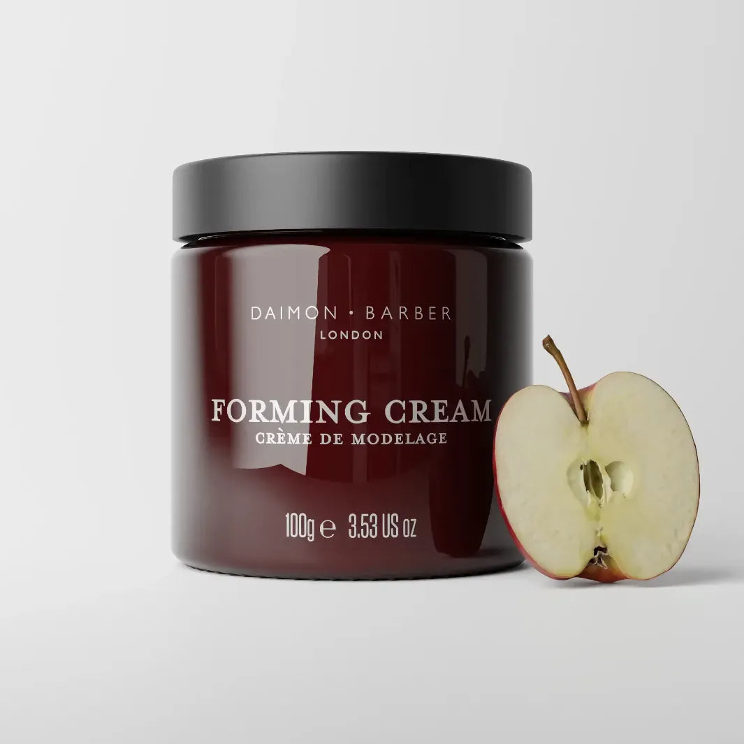 Daimon Barber Forming Cream hårkräm med äpple som visar äppelfröolja och naturliga ingredienser