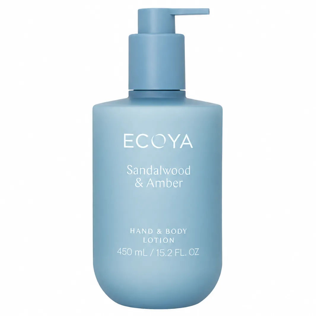 Ecoya Sandalwood & Amber Hand & Body Lotion 450 ml – återfuktande hand- och kroppslotion i blå pumpflaska