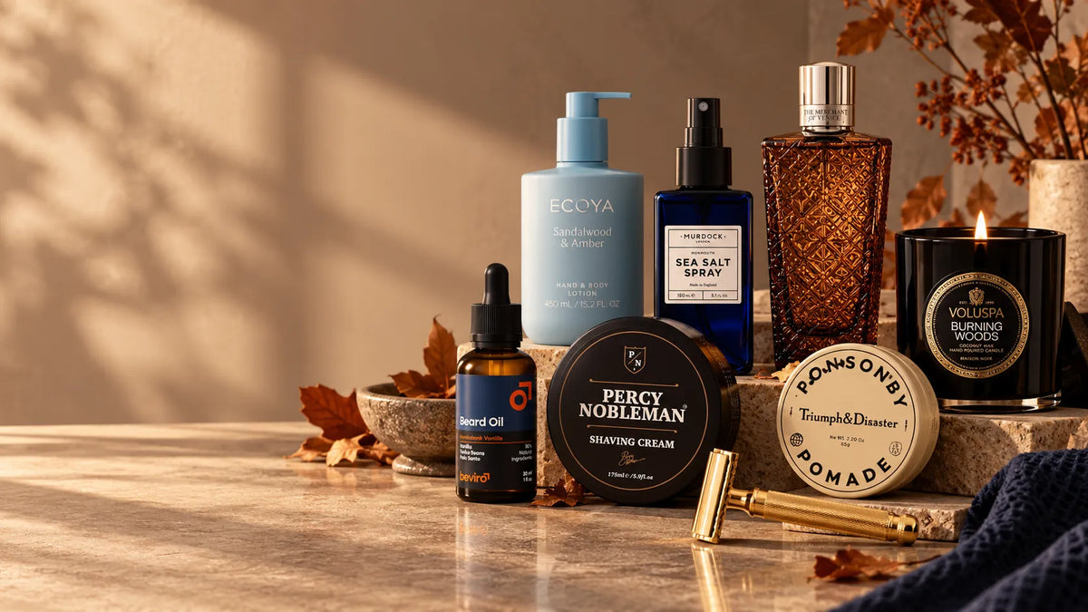 Höstmys hos Glamazon med utvalda produkter från Ecoya, Murdock London, Beviro, Percy Nobleman, Triumph & Disaster och Voluspa i en höstig miljö.