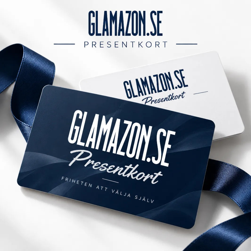 Glamazon presentkort i marinblått och vitt med sidenband – ett digitalt presentkort som passar som sista minuten-present.