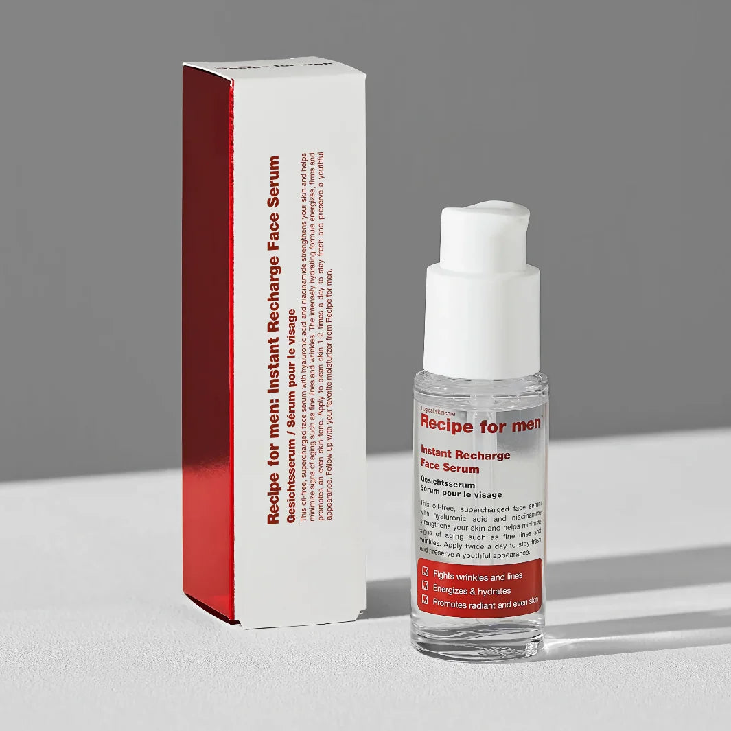 Förpackningen på Recipe for men Instant Recharge Face Serum