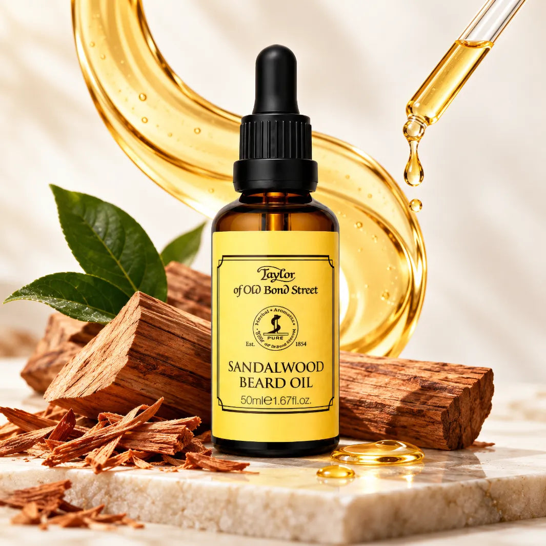 Taylor of Old Bond Street Sandalwood Beard Oil 50 ml med gyllene skäggolja i pipett, oljedroppar och sandelträ.