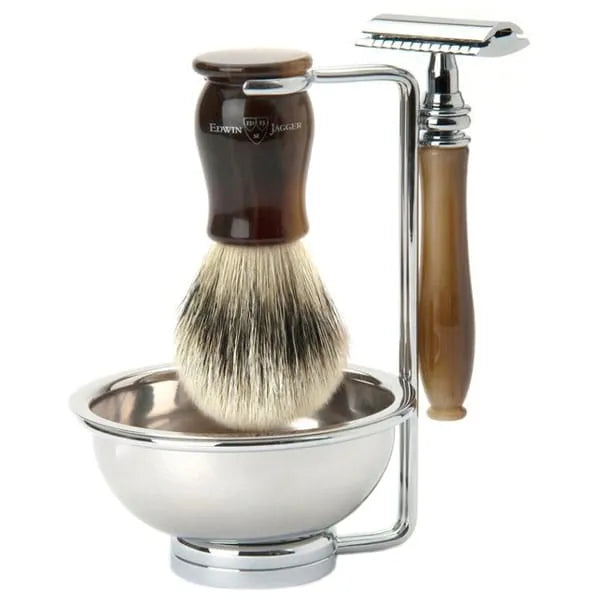 Edwin Jagger Chatsworth Light Horn 4pc Shaving Set DE Razor Silver Tip Badger