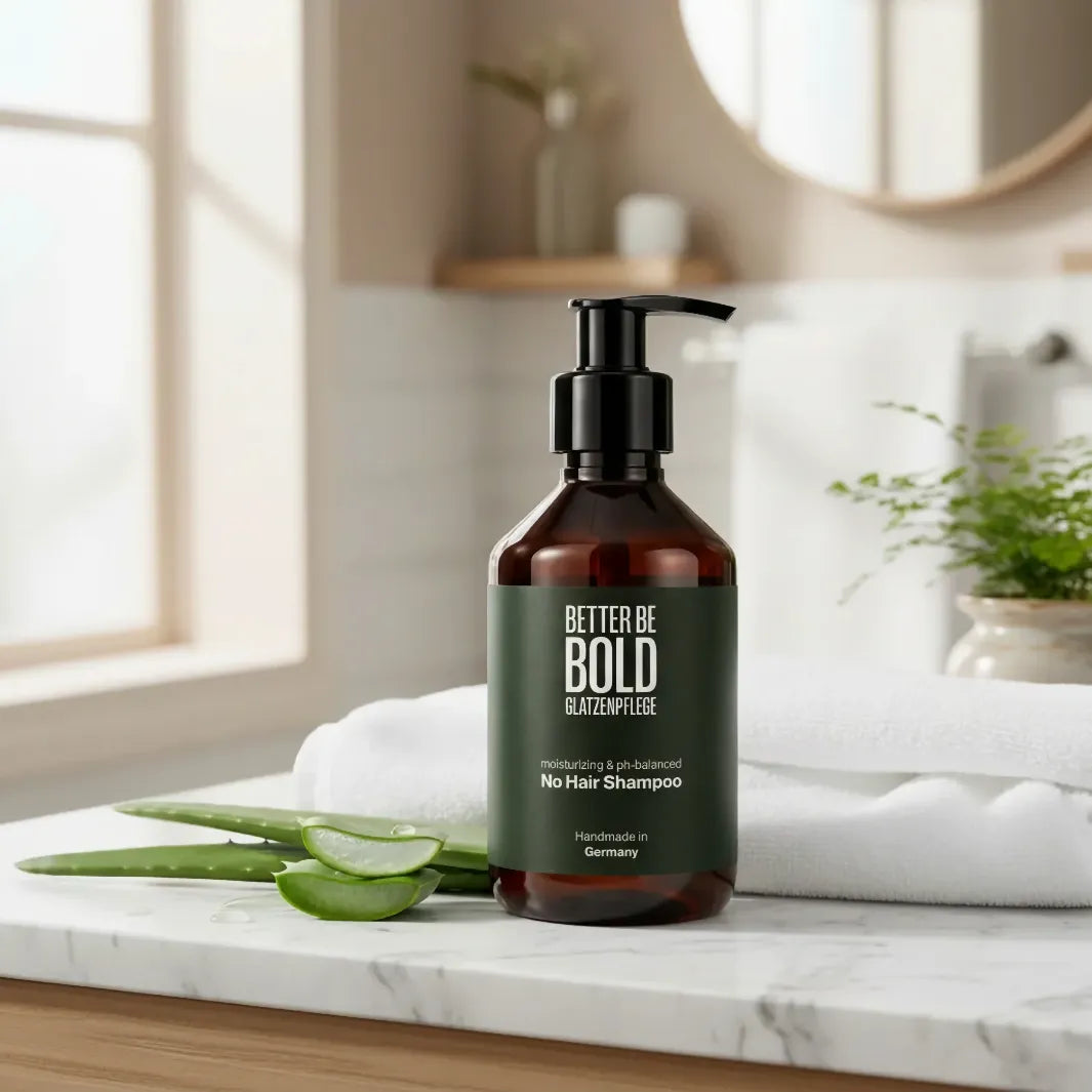 Better Be Bold No Hair Shampoo – återfuktande schampo för rakat huvud med aloe vera, placerat vid handdukar i badrum