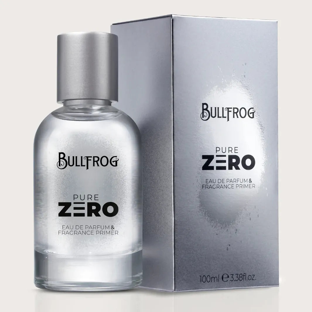 Bullfrog Pure Zero Eau de Parfum & Fragrance Primer parfymflaska bredvid silverförpackning 100 ml