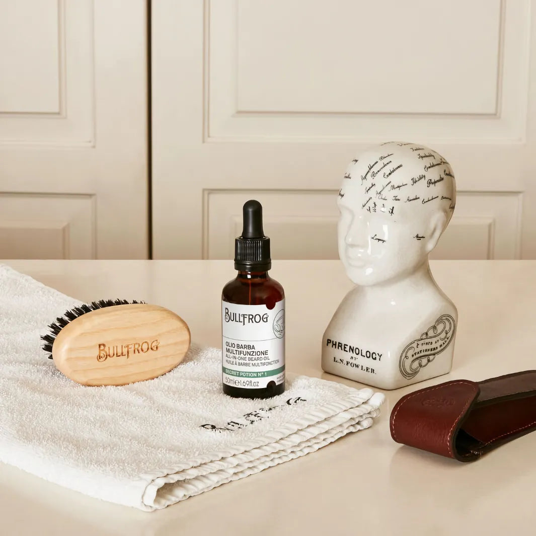 Bullfrog All-in-one Beard Oil Secret Potion N°1 skäggolja 50 ml tillsammans med skäggborste och handduk