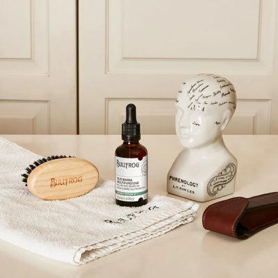 Bullfrog All-in-one Beard Oil Secret Potion N°1 skäggolja 50 ml tillsammans med skäggborste och handduk