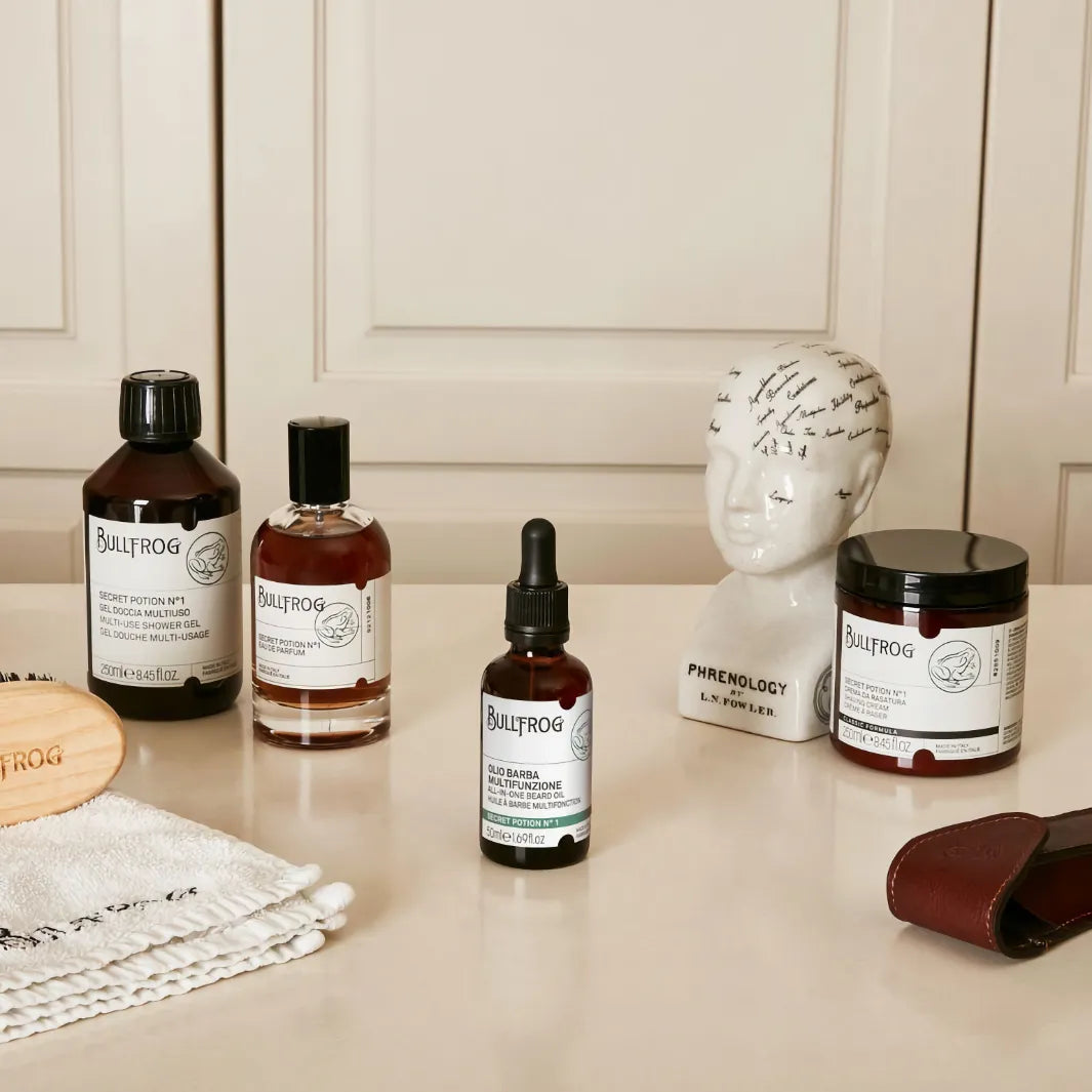 Bullfrog Secret Potion N°1 kollektion med skäggolja, parfym, duschgel och hårvårdsprodukter