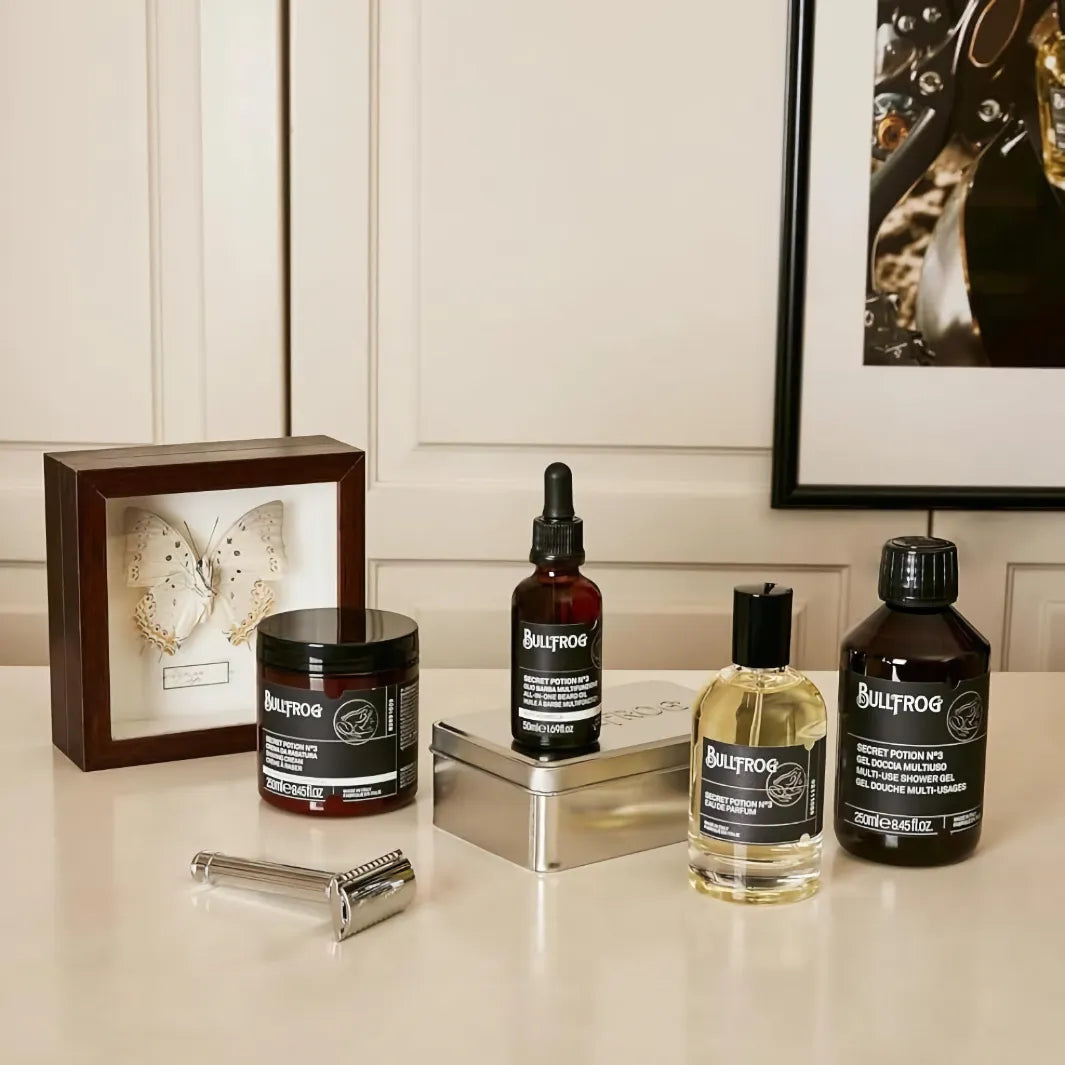 Bullfrog All-in-one Beard Oil Secret Potion N°3 tillsammans med Secret Potion-seriens groomingprodukter