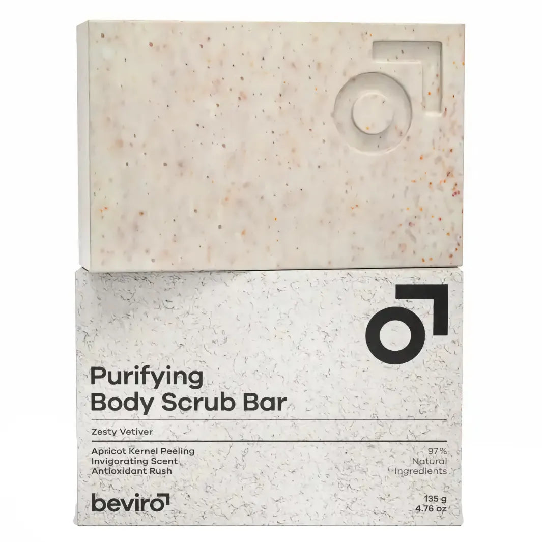 Förpackningen på Beviro Purifying Body Scrub Bar
