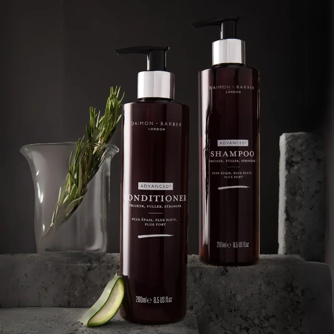 Daimon Barber Advanced+ Growth Duo med Shampoo och Conditioner i miljöbild