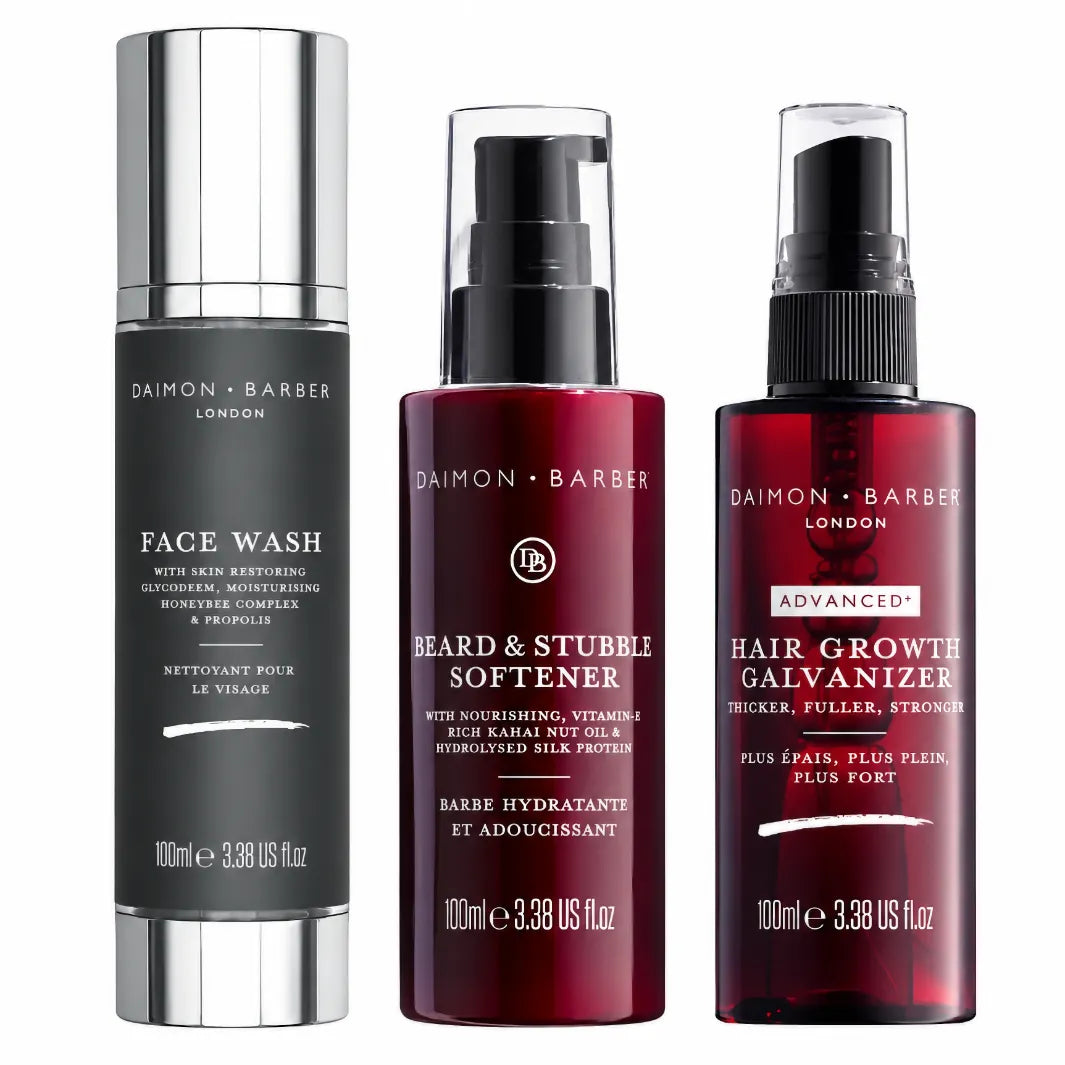 Daimon Barber Beard Growth Trio – komplett skäggvårdskit för rengöring, mjukare skägg och glesare partier