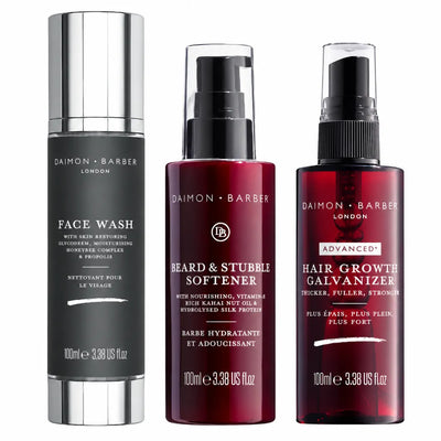 Daimon Barber Beard Growth Trio – komplett skäggvårdskit för rengöring, mjukare skägg och glesare partier