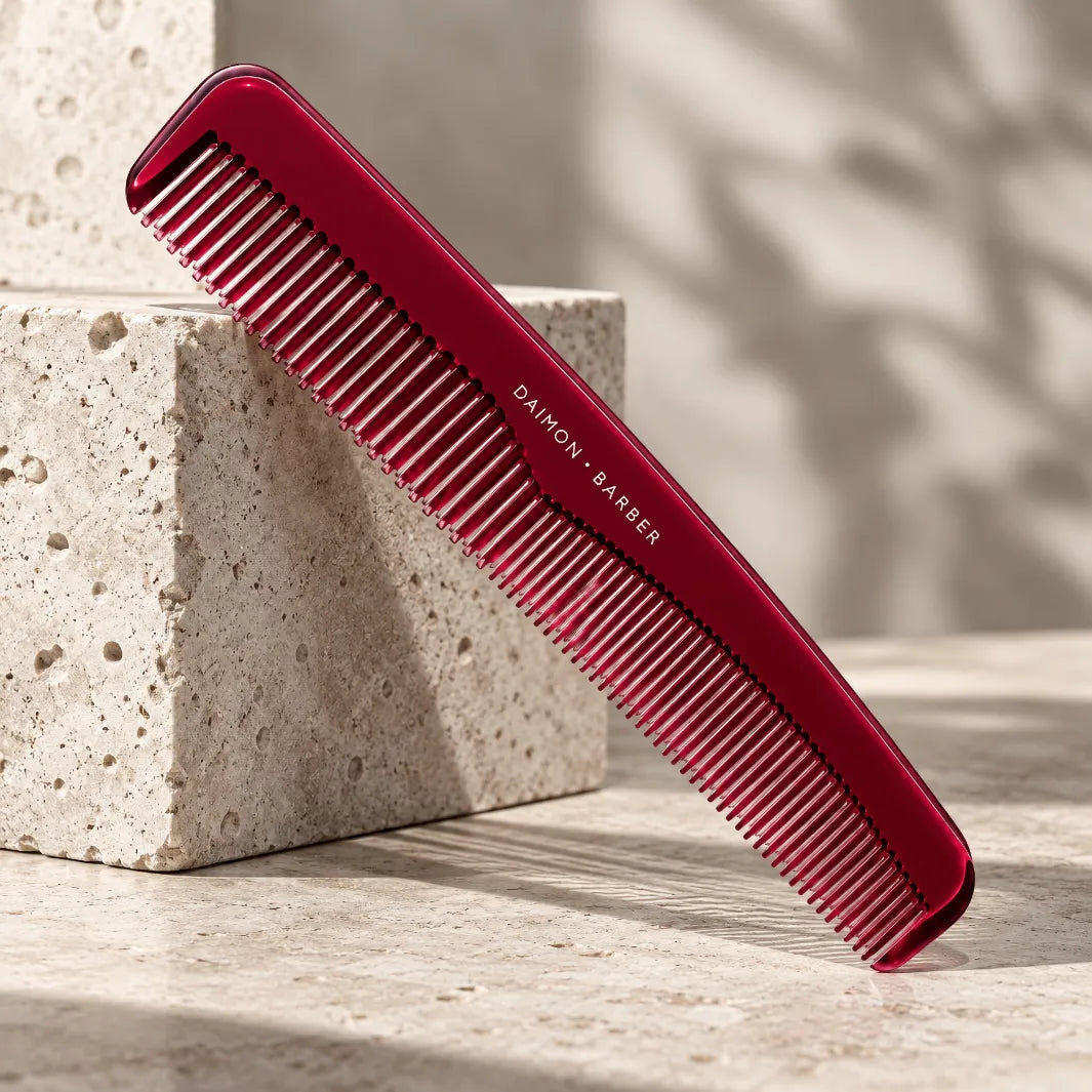 Daimon Barber Double Tooth Comb – handpolerad hårkam i acetat med grova och fina tänder för precis styling