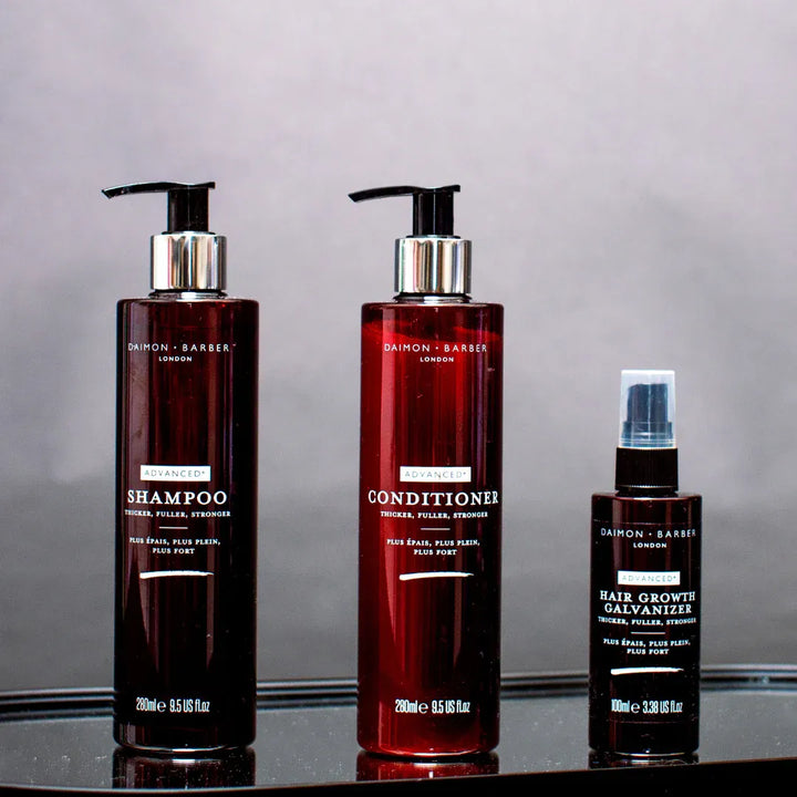 Daimon Barber Advanced+ Shampoo, Conditioner och Hair Growth Galvanizer – En kraftfull trio för fylligare, starkare hår