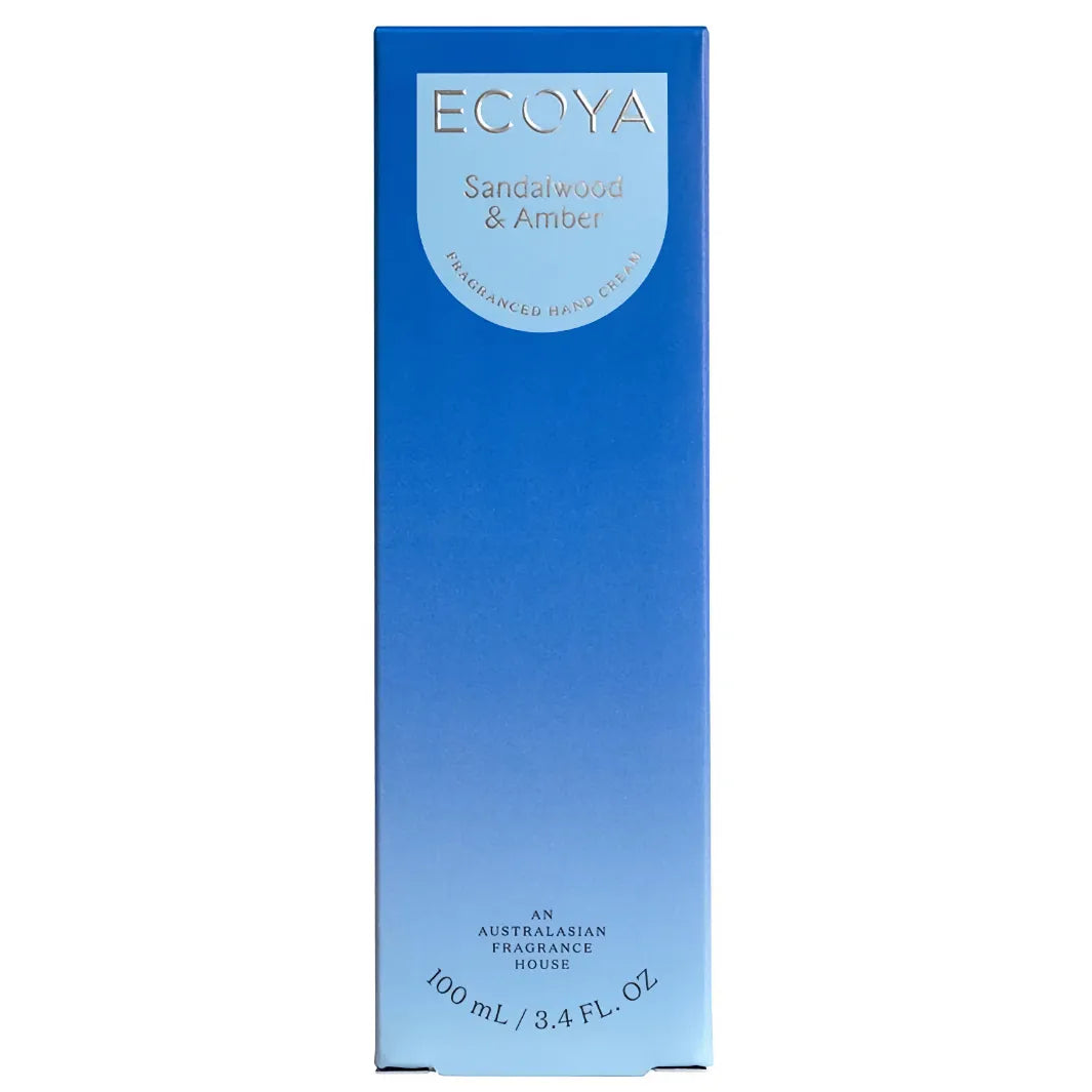 Förpackningen på Ecoya Sandalwood & Amber Hand Cream