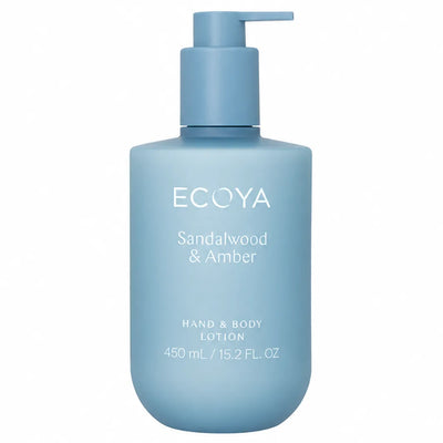 Ecoya Sandalwood & Amber Hand & Body Lotion 450 ml – återfuktande hand- och kroppslotion i blå pumpflaska