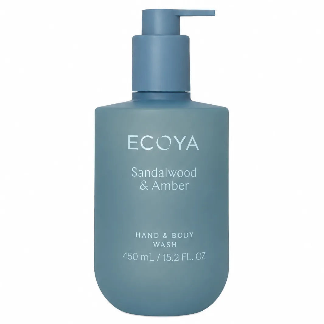 Ecoya Sandalwood & Amber Hand & Body Wash 450 ml – flytande handtvål och duschgel i blå pumpflaska