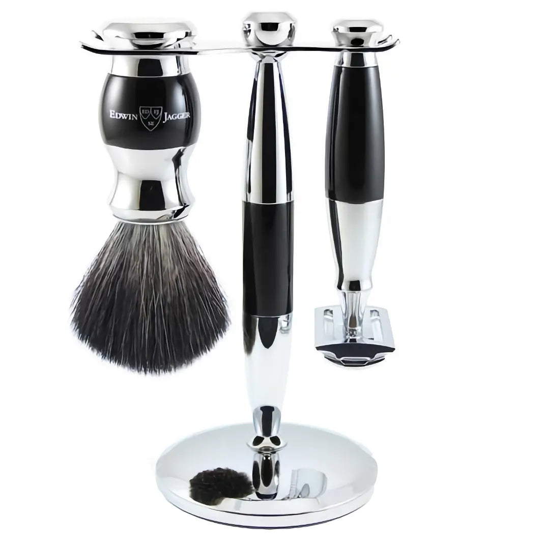 Edwin Jagger 3pc Diffusion Ebony Shaving Set DE Razor Black Synthetic Fiber