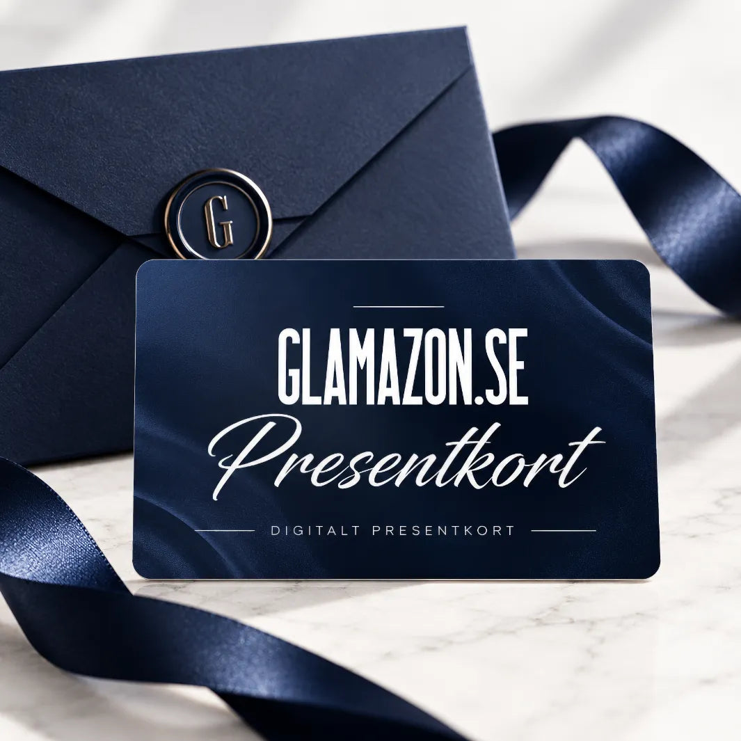 Glamazon digitalt presentkort med exklusivt mörkblått kuvert och sidenband – en uppskattad present till honom.
