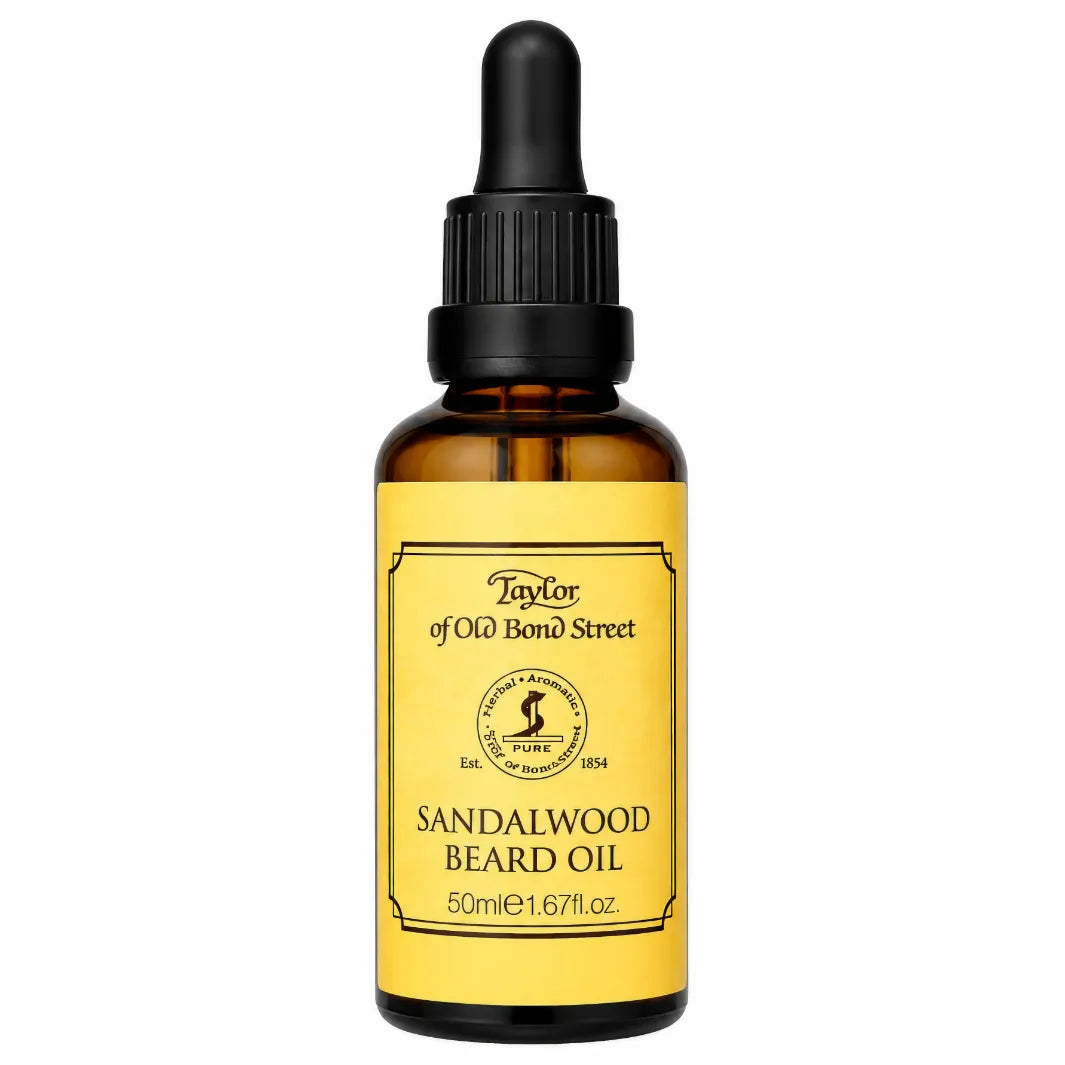 Taylor of Old Bond Street Sandalwood Beard Oil 50 ml – vårdande skäggolja med sandelträdoft i brun glasflaska med pipett.