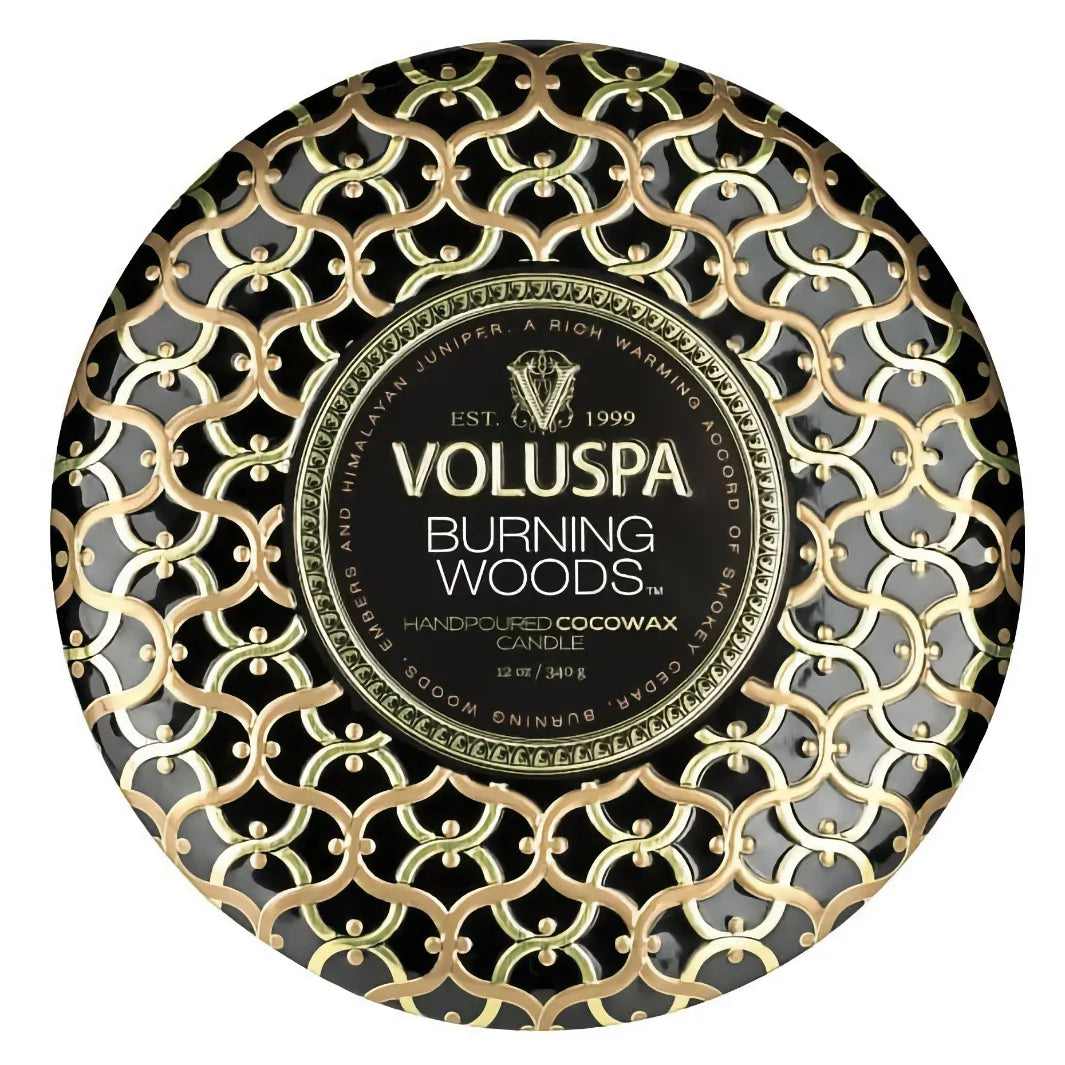 Voluspa Maison 3 Wick Tin Candle Burning Woods