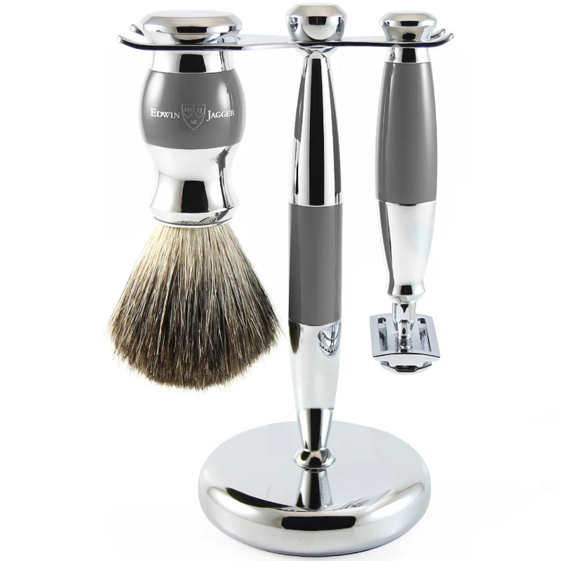 Edwin Jagger 3pc Grey Shaving Set DE Razor Pure Badger