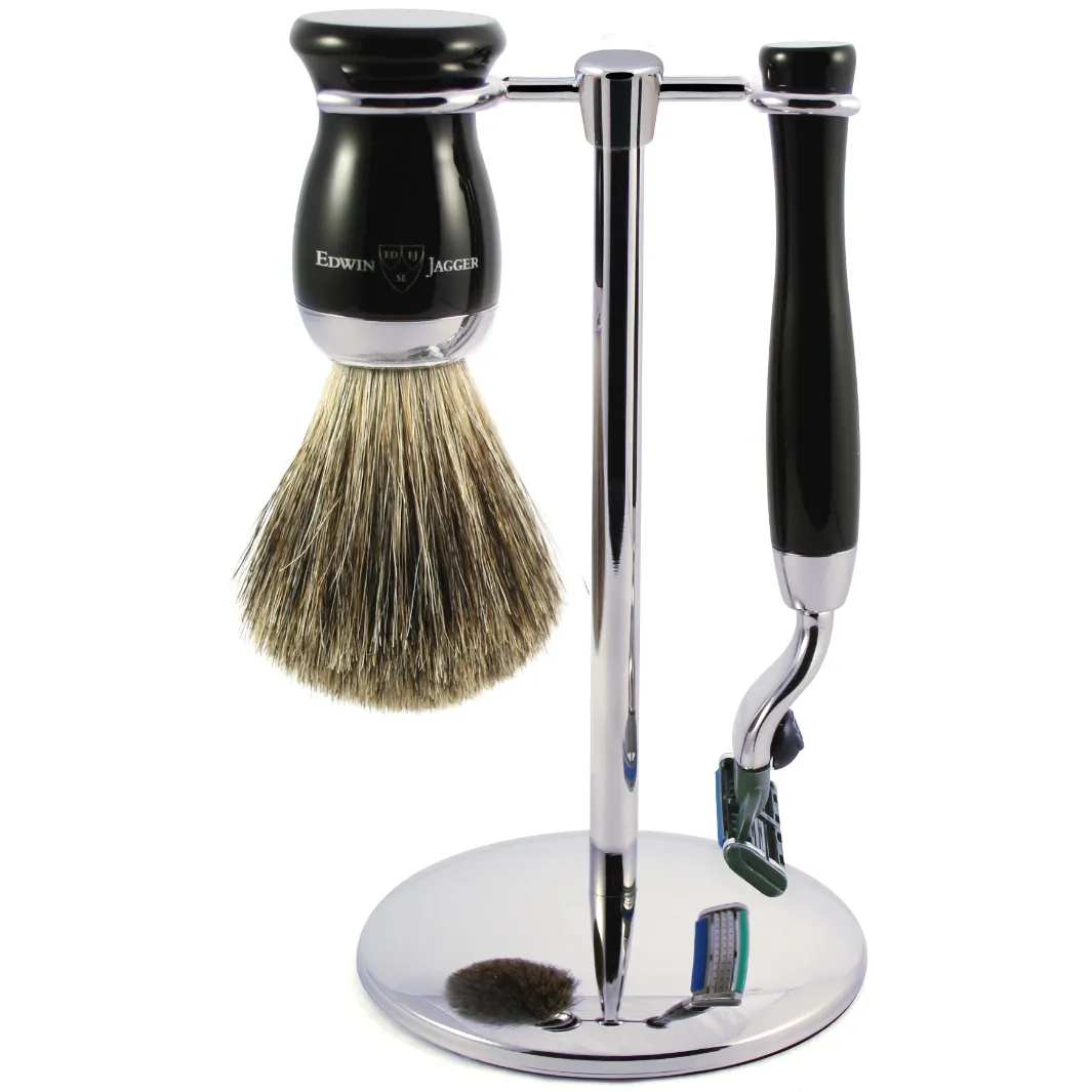 Edwin Jagger 3pc Ebony Shaving Set Mach3 Pure Badger