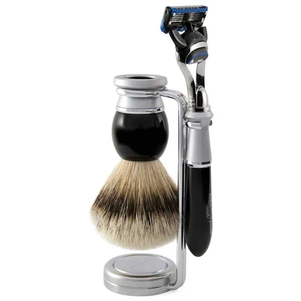 Edwin Jagger 3pc Riva Ebony Shaving Set Fusion Silver Tip Badger