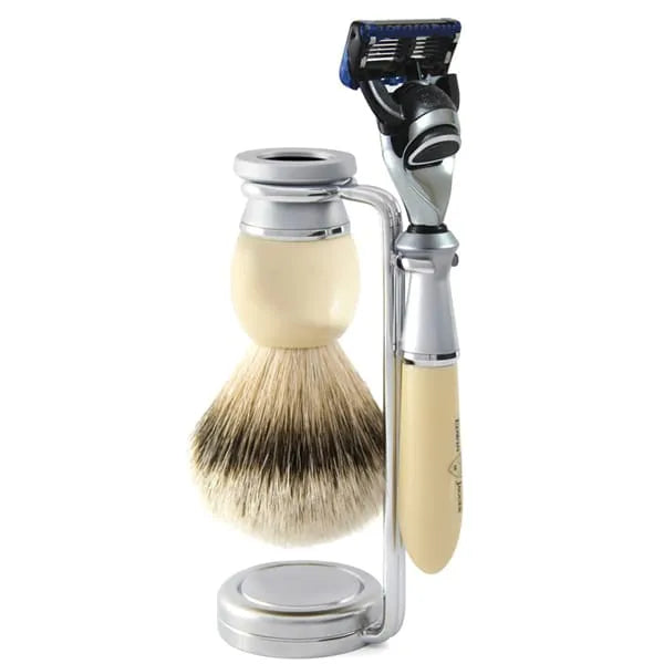 Edwin Jagger 3pc Riva Ivory Shaving Set Fusion Silver Tip Badger