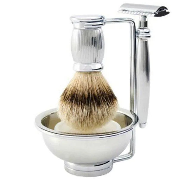 Edwin Jagger Bulbous Lined Chrome Shaving Set DE Razor Silver Tip Badger