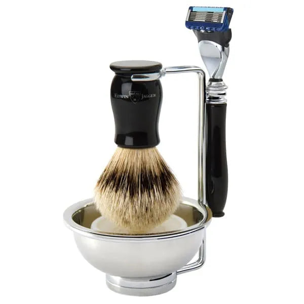 Edwin Jagger Chatsworth Ebony 4pc Shaving Set Fusion Silver Tip Badger